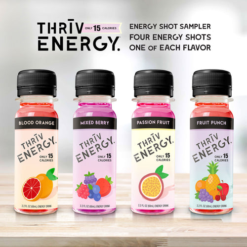 Energy Shots, Energy Drinks, Green Tea Caffeine, Green Coffee Bean Caffeine, Blood Orange, Mixed Berry, Passion Fruit, Fruit Punch Flavored 2 ounce shots, four pack